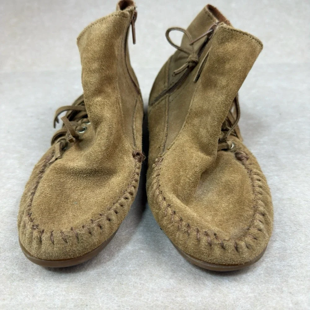 Vintage Minnetonka Boots Women's 6 Brown Suede Moccasin Fringe Zip Soft Sole 663